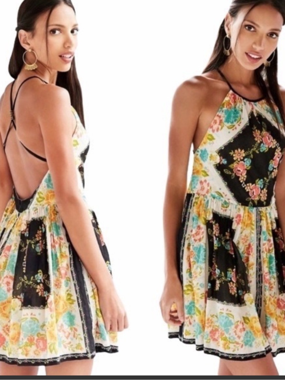 Ecote Floral Halter Mini Dress in Black and Multi